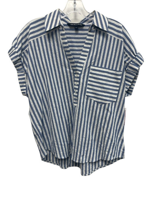 Veronica Beard Size M Blue & White Cotton Cap Sleeve Striped 1/2 Button Top Blue & White / M