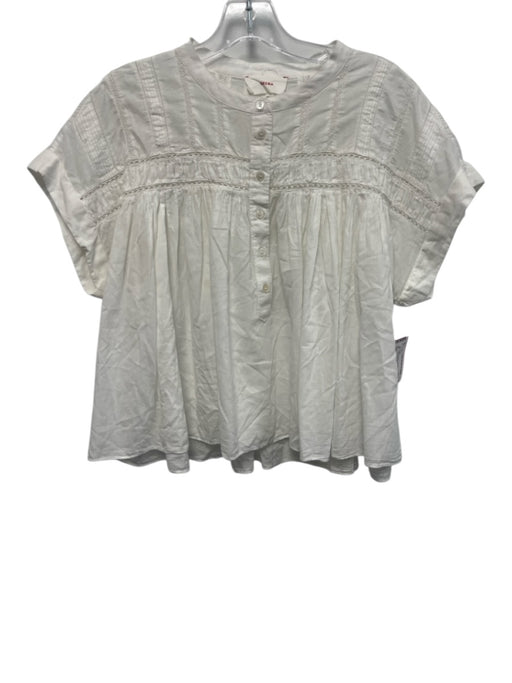 XiRENA Size M White Cotton Cap Sleeve 1/2 Button Cut Outs Lace Detail Top White / M