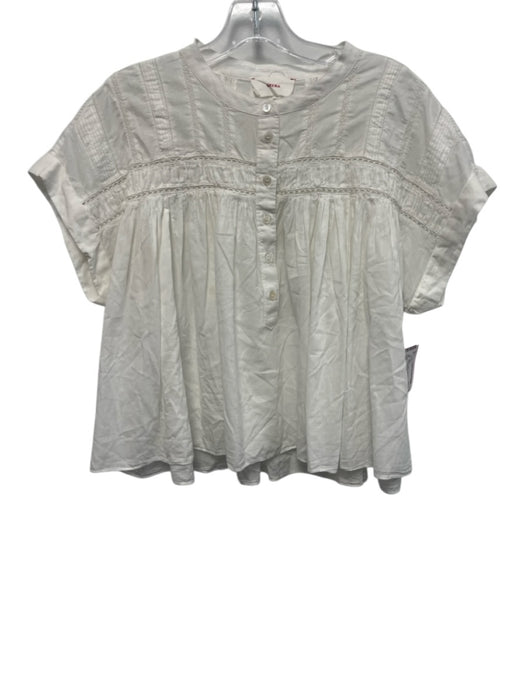 XiRENA Size M White Cotton Cap Sleeve 1/2 Button Cut Outs Lace Detail Top White / M
