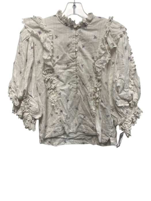 Magali Pascal Size M White & Multi Cotton Floral Long Sleeve Buttons Top White & Multi / M