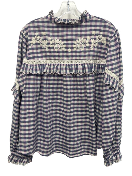 Louise Misha Size 36 White, Navy, Purple Cotton Checkered Long Sleeve Top White, Navy, Purple / 36