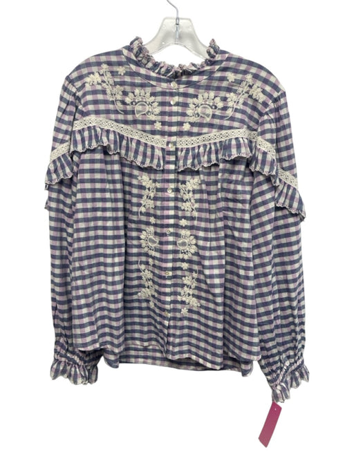 Louise Misha Size 36 White, Navy, Purple Cotton Checkered Long Sleeve Top White, Navy, Purple / 36