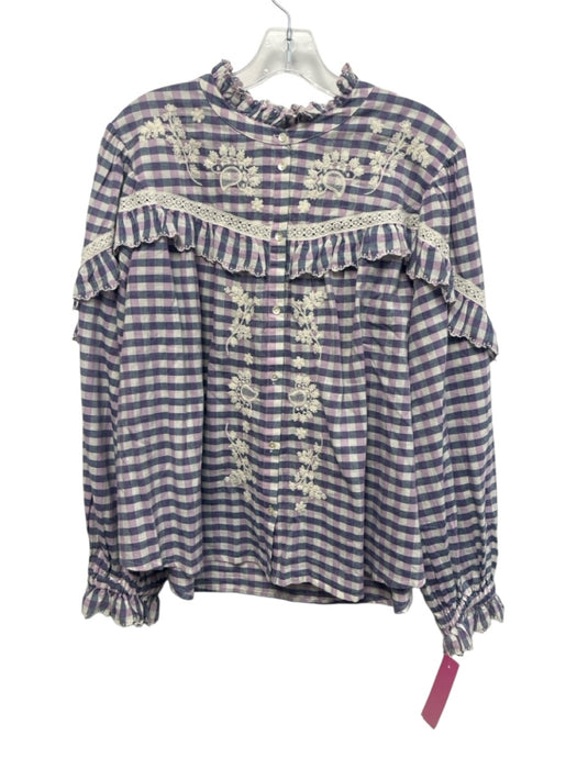 Louise Misha Size 36 White, Navy, Purple Cotton Checkered Long Sleeve Top White, Navy, Purple / 36