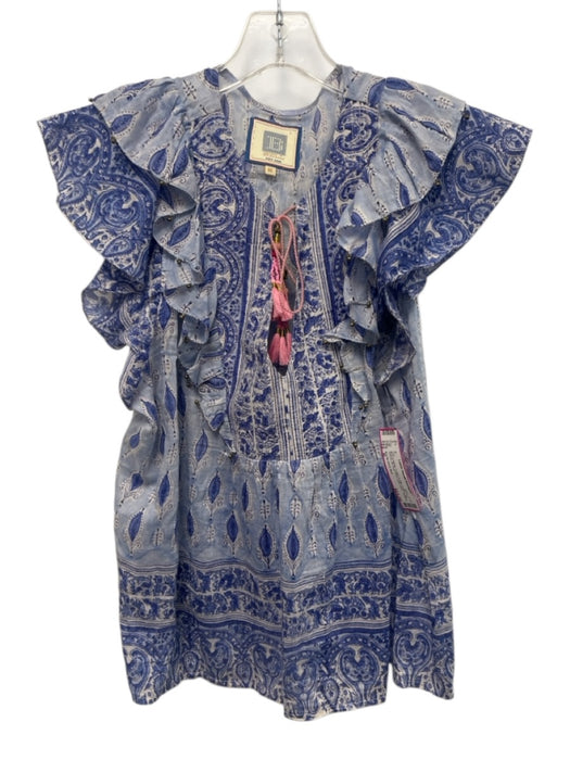 Bell by Alicia Bell Size M Blue & White Cotton & Silk Ruffle Cap Sleeve Top Blue & White / M