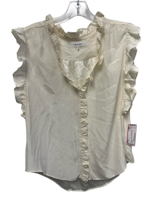 Frame Size L Cream White Silk Cap Sleeve Buttons Ruffle Top Cream White / L