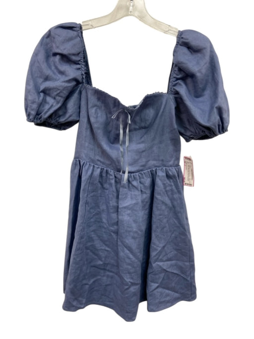 Reformation Size 2 Blue Linen Short Puff Sleeve Square Neck Above knee Dress Blue / 2
