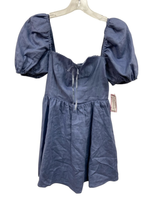 Reformation Size 2 Blue Linen Short Puff Sleeve Square Neck Above knee Dress Blue / 2