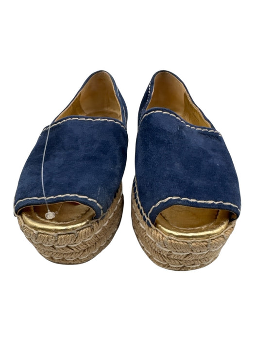 Prada Shoe Size 37 Blue & Gold Suede Espadrille Platform Peep Toe Sandals Blue & Gold / 37