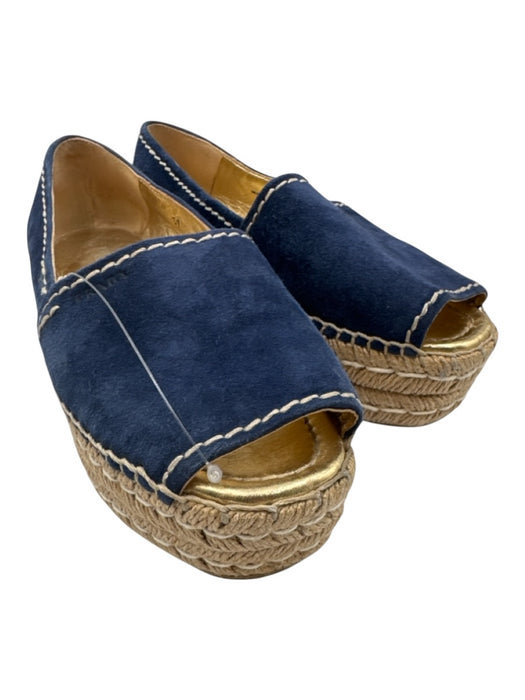 Prada Shoe Size 37 Blue & Gold Suede Espadrille Platform Peep Toe Sandals Blue & Gold / 37