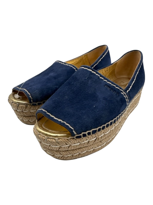 Prada Shoe Size 37 Blue & Gold Suede Espadrille Platform Peep Toe Sandals Blue & Gold / 37