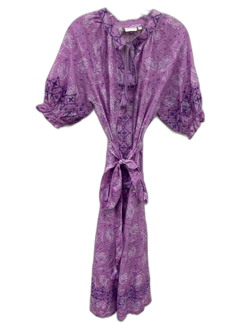 Julia Amory Size M Purple Cotton Short Puff Sleeve Floral Print Split Neck Dress Purple / M