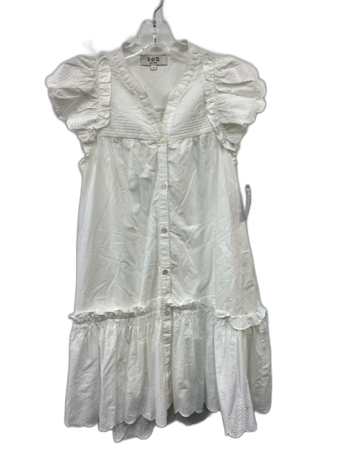 Sea New York Size M White Cotton Ruffle Cap Sleeve Buttons Hem Detail Mini Dress White / M
