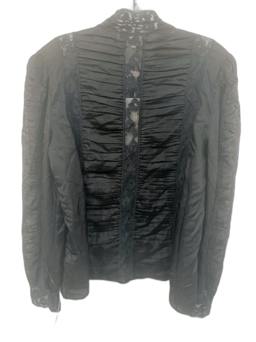 Love Shack Fancy Size L Black Silk Long Sleeve Lace Buttons Blouse Top Black / L