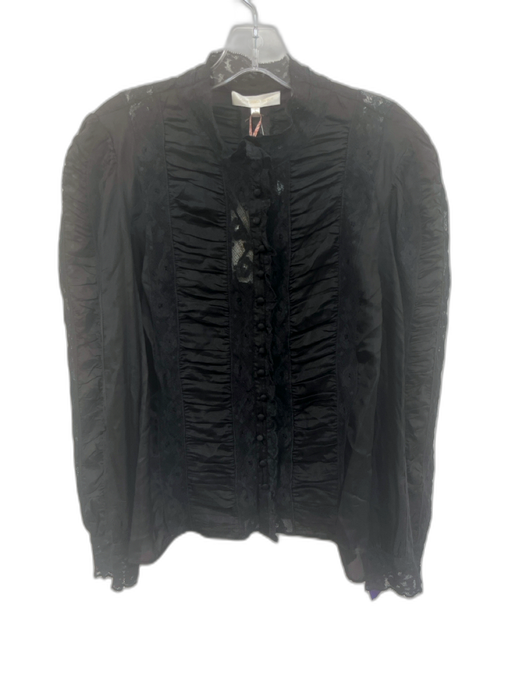 Love Shack Fancy Size L Black Silk Long Sleeve Lace Buttons Blouse Top Black / L