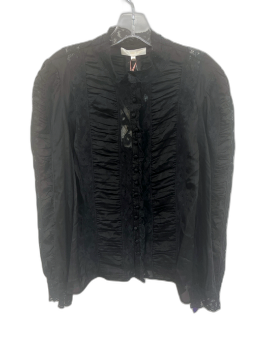 Love Shack Fancy Size L Black Silk Long Sleeve Lace Buttons Blouse Top Black / L