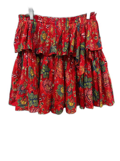 Ulla Johnson Size 10 Red & Multi Cotton Ruffle Tiers Abstract Print Mini Skirt Red & Multi / 10