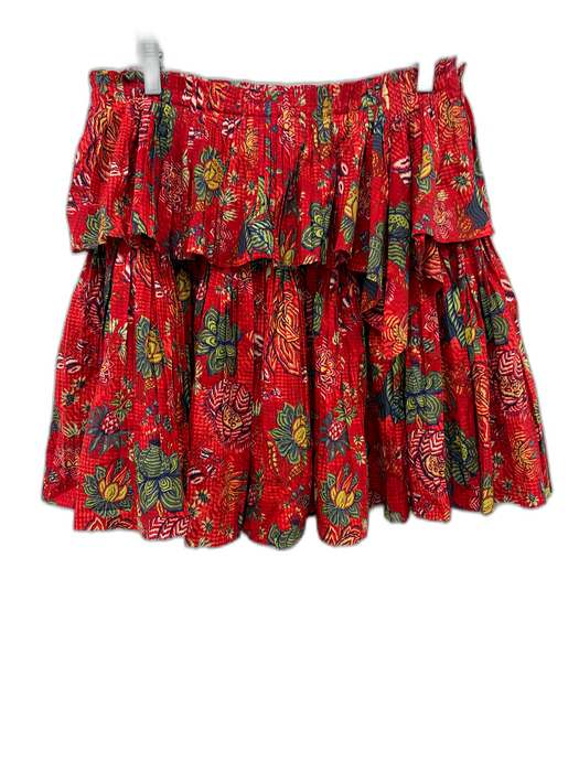 Ulla Johnson Size 10 Red & Multi Cotton Ruffle Tiers Abstract Print Mini Skirt Red & Multi / 10