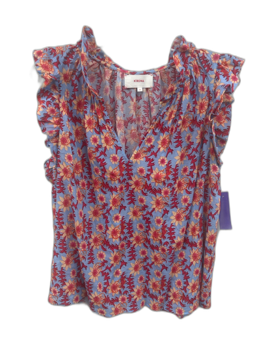XiRENA Size M Blue, PInk, Peach Cotton Ruffle Cap Sleeve Floral Print Collar Top Blue, PInk, Peach / M