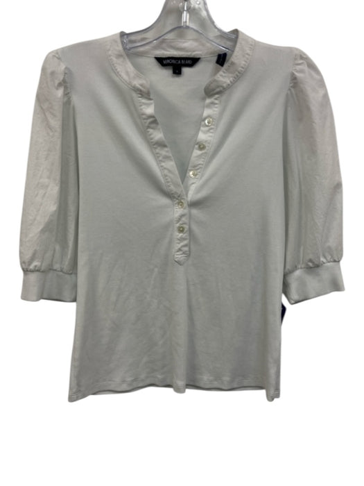 Veronica Beard Size M White Pima Cotton Blend 3/4 Puff Sleeve Rib Knit Top White / M