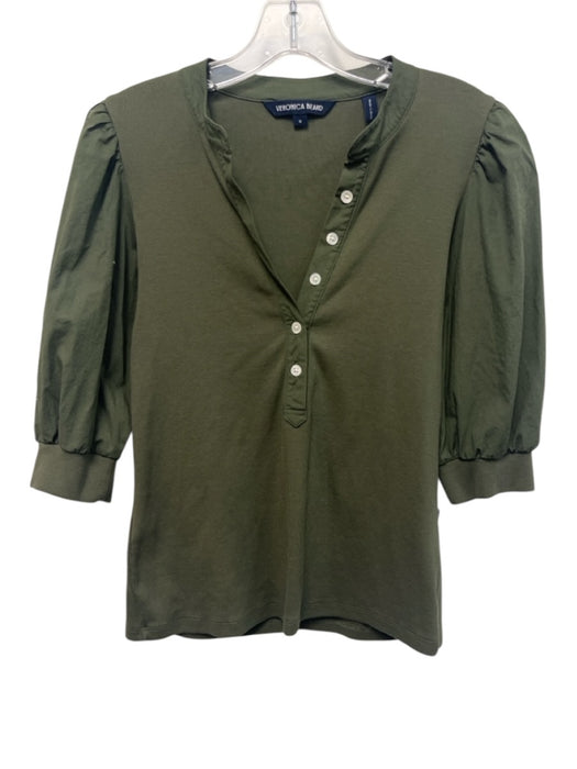 Veronica Beard Size M Green Pima Cotton Blend 3/4 Puff Sleeve Rib Knit Top Green / M