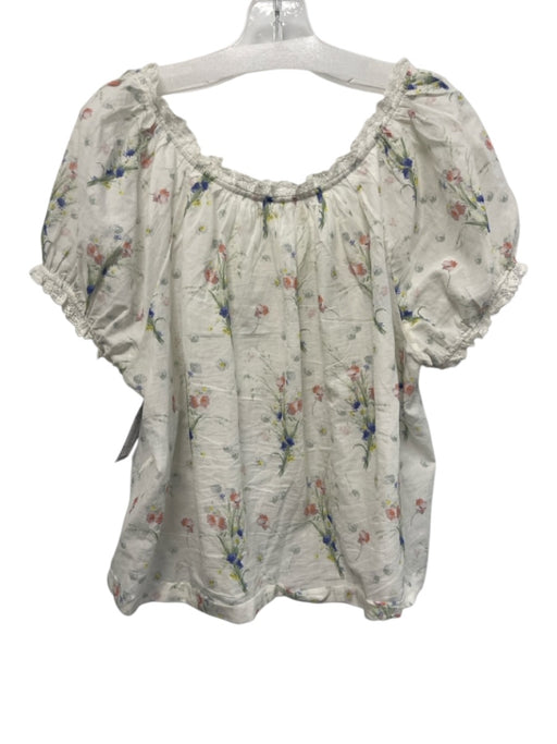 Doen Size M White & Multi Cotton Floral Lace Trim Short Puff Sleeve Top White & Multi / M