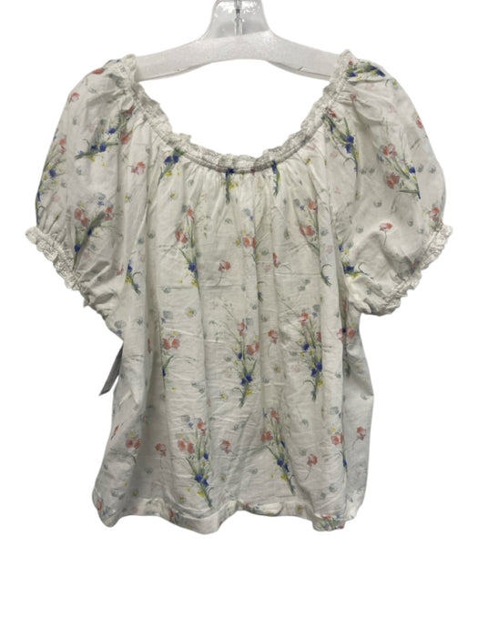 Doen Size M White & Multi Cotton Floral Lace Trim Short Puff Sleeve Top White & Multi / M