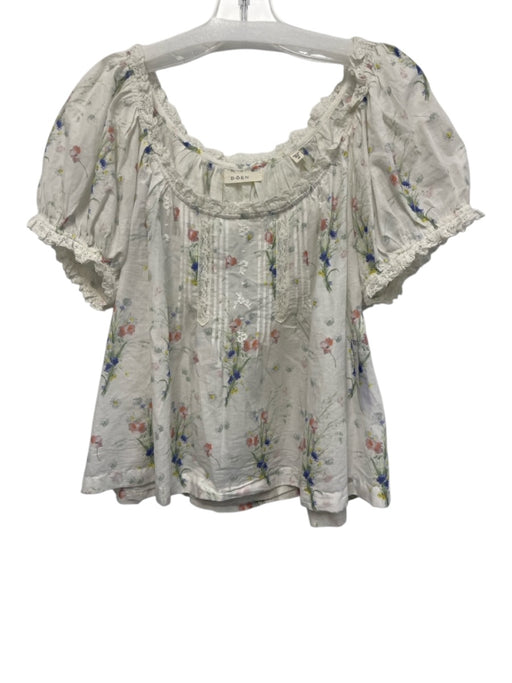 Doen Size M White & Multi Cotton Floral Lace Trim Short Puff Sleeve Top White & Multi / M