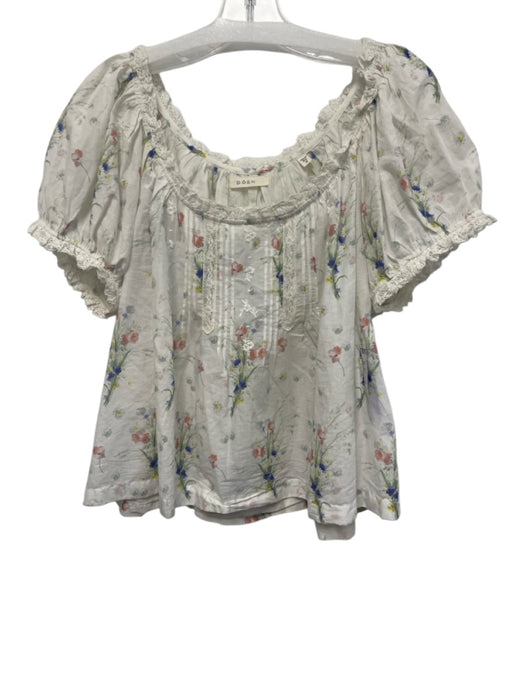 Doen Size M White & Multi Cotton Floral Lace Trim Short Puff Sleeve Top White & Multi / M