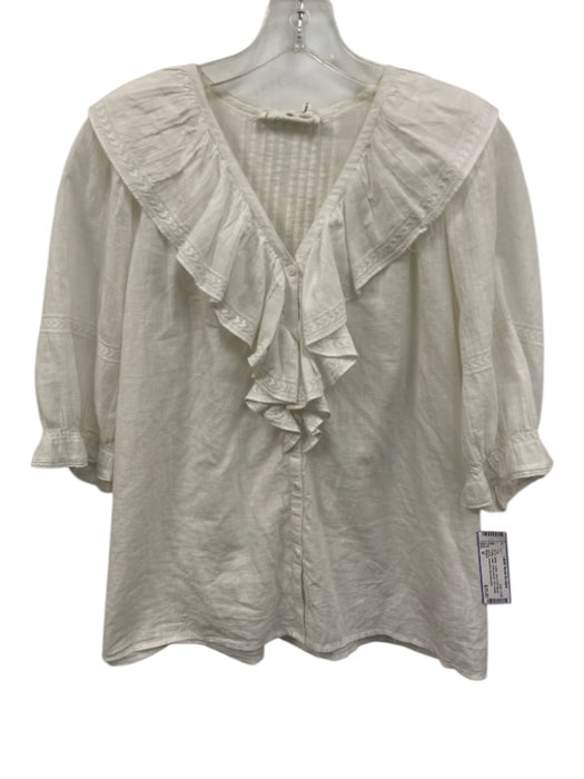 Ba&sh Size M White Cotton Short Puff Sleeve Ruffle Collar Embroidered Trim Top White / M