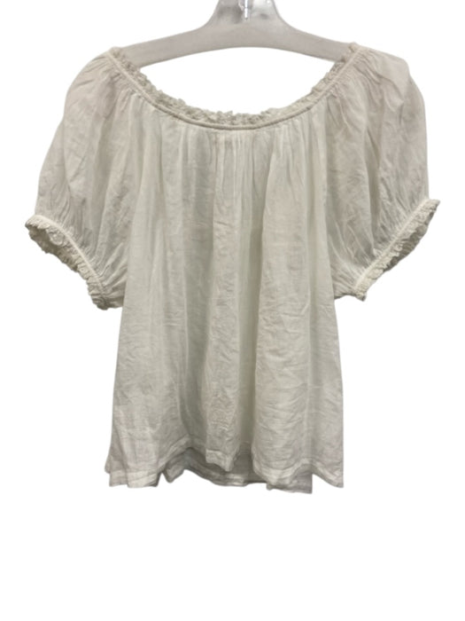Doen Size M White Cotton Short Puff Sleeve Lace Trim Pleat Detail Semi Sheer Top White / M