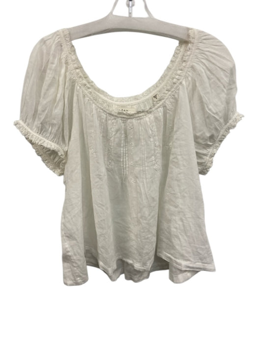 Doen Size M White Cotton Short Puff Sleeve Lace Trim Pleat Detail Semi Sheer Top White / M