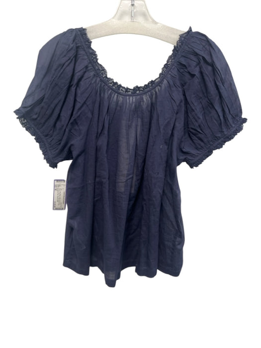 Doen Size M Navy Blue Cotton Short Puff Sleeve Lace Trim Semi Sheer Top Navy Blue / M