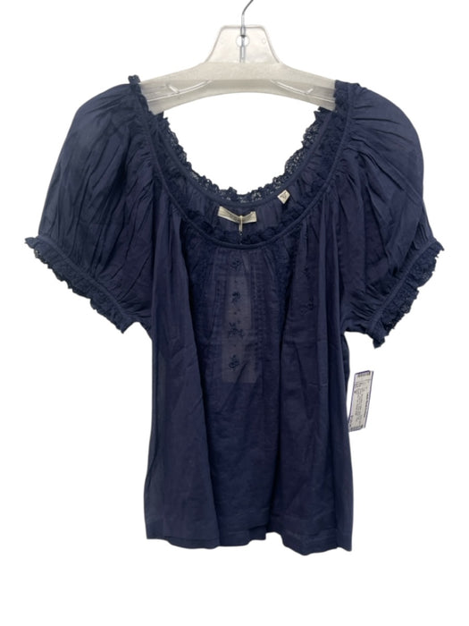 Doen Size M Navy Blue Cotton Short Puff Sleeve Lace Trim Semi Sheer Top Navy Blue / M