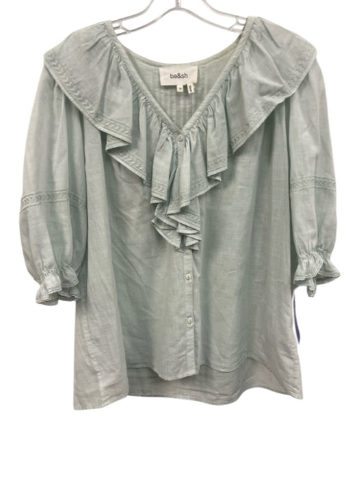 Ba&sh Size M Mint Blue Cotton 3/4 Puff Sleeve Embroidered Trim Button Down Top Mint Blue / M