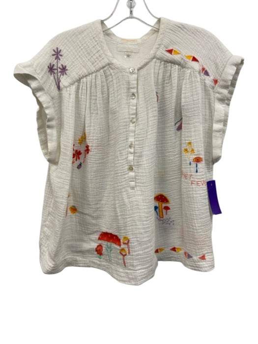Mother Size M White & Multi Cotton Textured Embroidered Cap Sleeve Top White & Multi / M