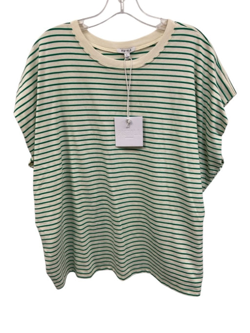 Pistola Size L Cream & Green Cotton Striped Short Cap Sleeve Boxy Crew Neck Top Cream & Green / L