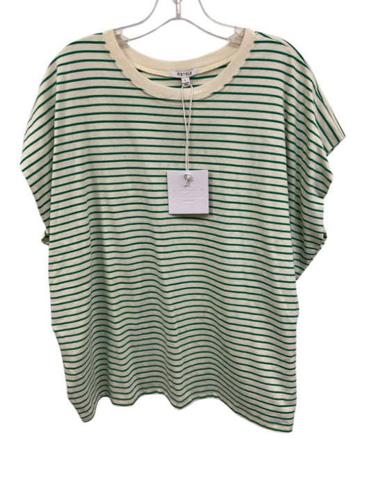Pistola Size L Cream & Green Cotton Striped Short Cap Sleeve Boxy Crew Neck Top Cream & Green / L