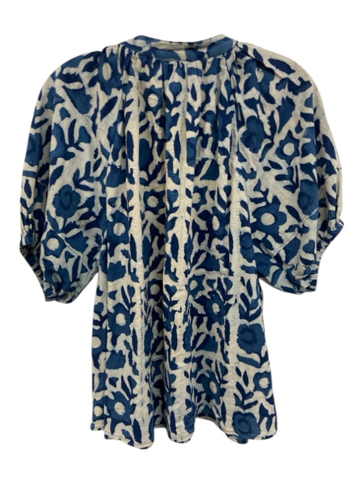 Apiece Apart Size M Blue & White Cotton Abstract Print Short Puff Sleeve Top Blue & White / M