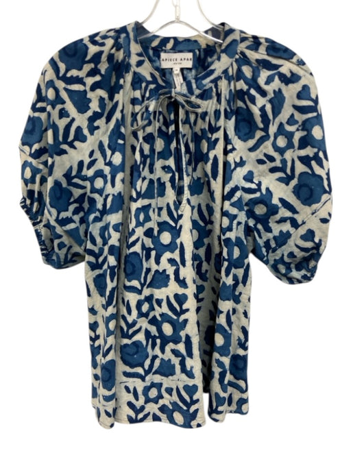 Apiece Apart Size M Blue & White Cotton Abstract Print Short Puff Sleeve Top Blue & White / M