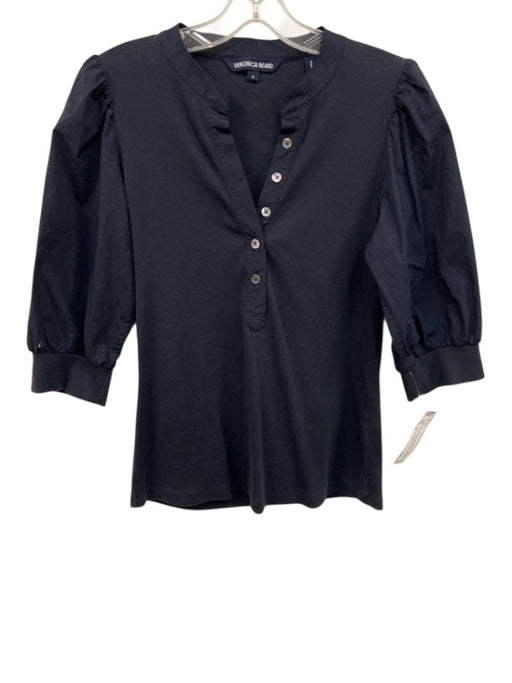 Veronica Beard Size M Navy Blue Pima Cotton Blend 3/4 Puff Sleeve Rib Knit Top Navy Blue / M
