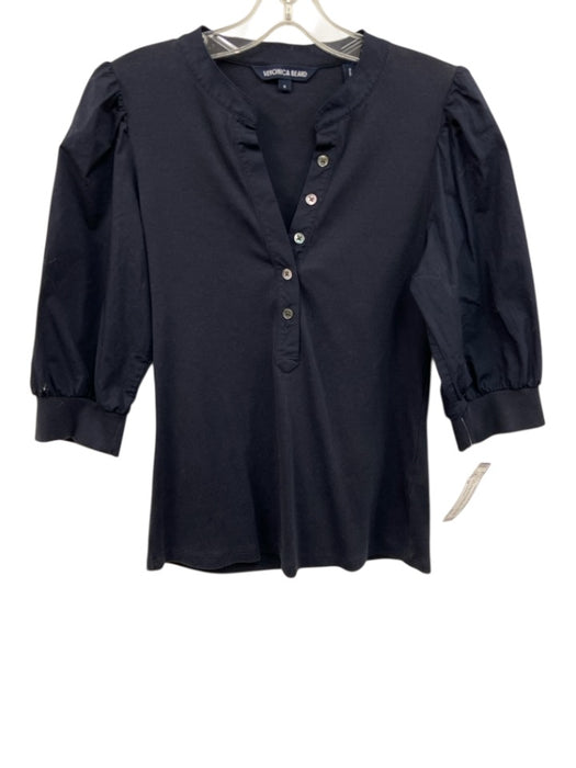 Veronica Beard Size M Navy Blue Pima Cotton Blend 3/4 Puff Sleeve Rib Knit Top Navy Blue / M
