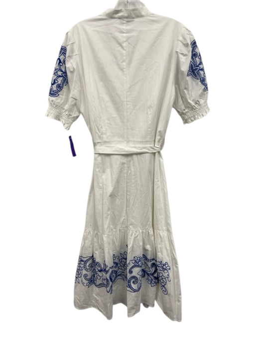 Tahari Size L White & Blue Cotton Embroidered Short Puff Sleeve Dress White & Blue / L