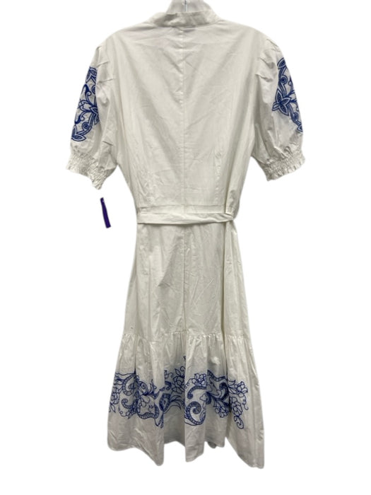Tahari Size L White & Blue Cotton Embroidered Short Puff Sleeve Dress White & Blue / L