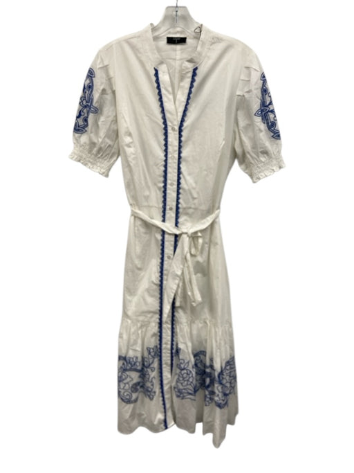Tahari Size L White & Blue Cotton Embroidered Short Puff Sleeve Dress White & Blue / L