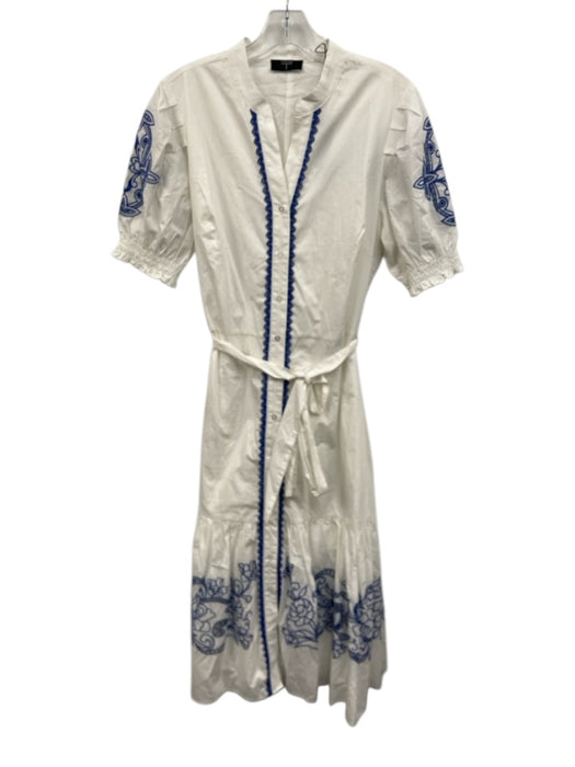 Tahari Size L White & Blue Cotton Embroidered Short Puff Sleeve Dress White & Blue / L