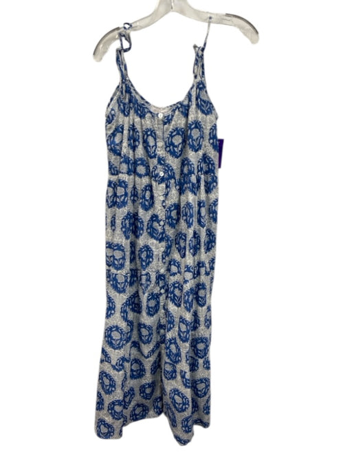 Marea Size M Blue & White Cotton Floral Tie Straps Button Front Tiered Dress Blue & White / M