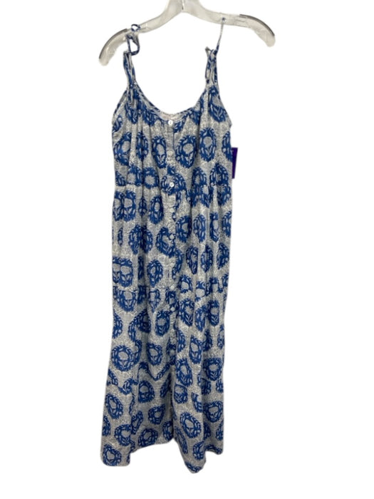 Marea Size M Blue & White Cotton Floral Tie Straps Button Front Tiered Dress Blue & White / M