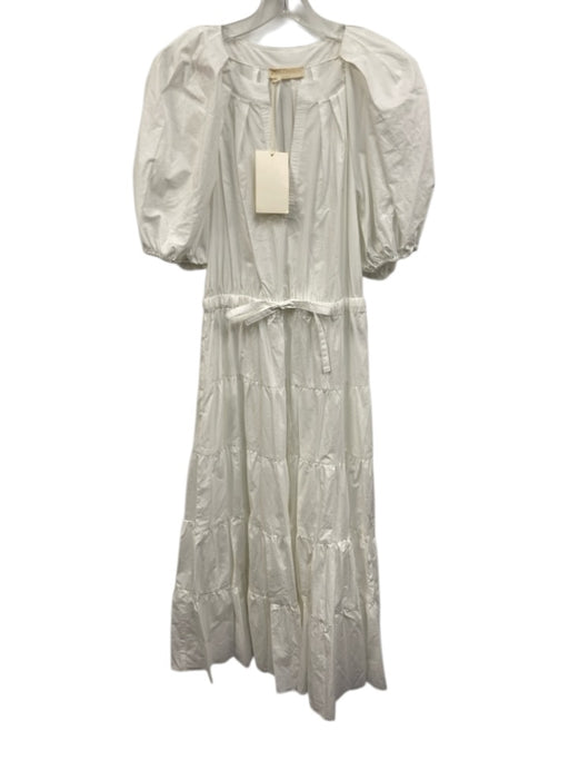 Ulla Johnson Size M / 10 White Cotton Short Puff Sleeve V Neck Tiered Dress White / M / 10
