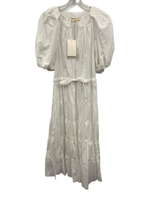 Ulla Johnson Size M / 10 White Cotton Short Puff Sleeve V Neck Tiered Dress White / M / 10