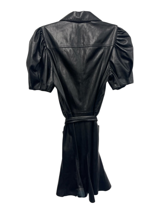 Alice + Olivia Size 0 Black PU Leather Button Front Puff Sleeve Tie Belt Dress Black / 0